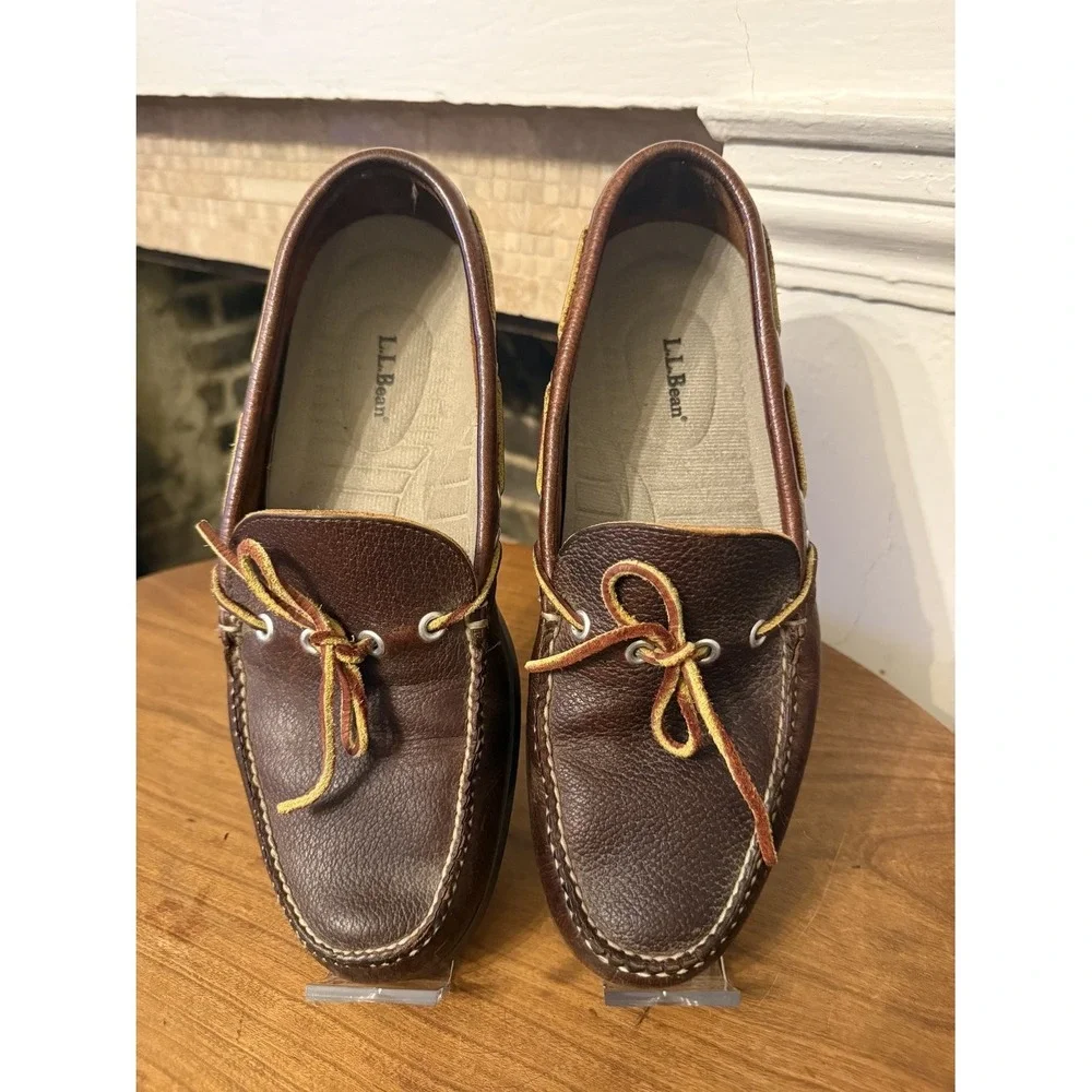 L.L.Bean Boat Mocs Moccasins Men's 10 D Brown Pebbled Leather Shoes EUC
